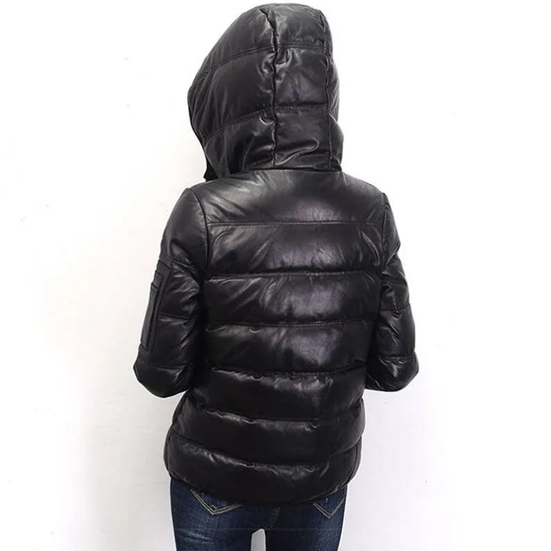 Womens Genuine Leather Puffer Jacket with Hooded