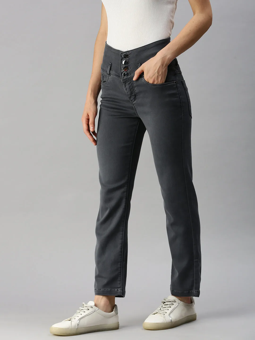 Women's Grey Solid Fit Denim Jeans