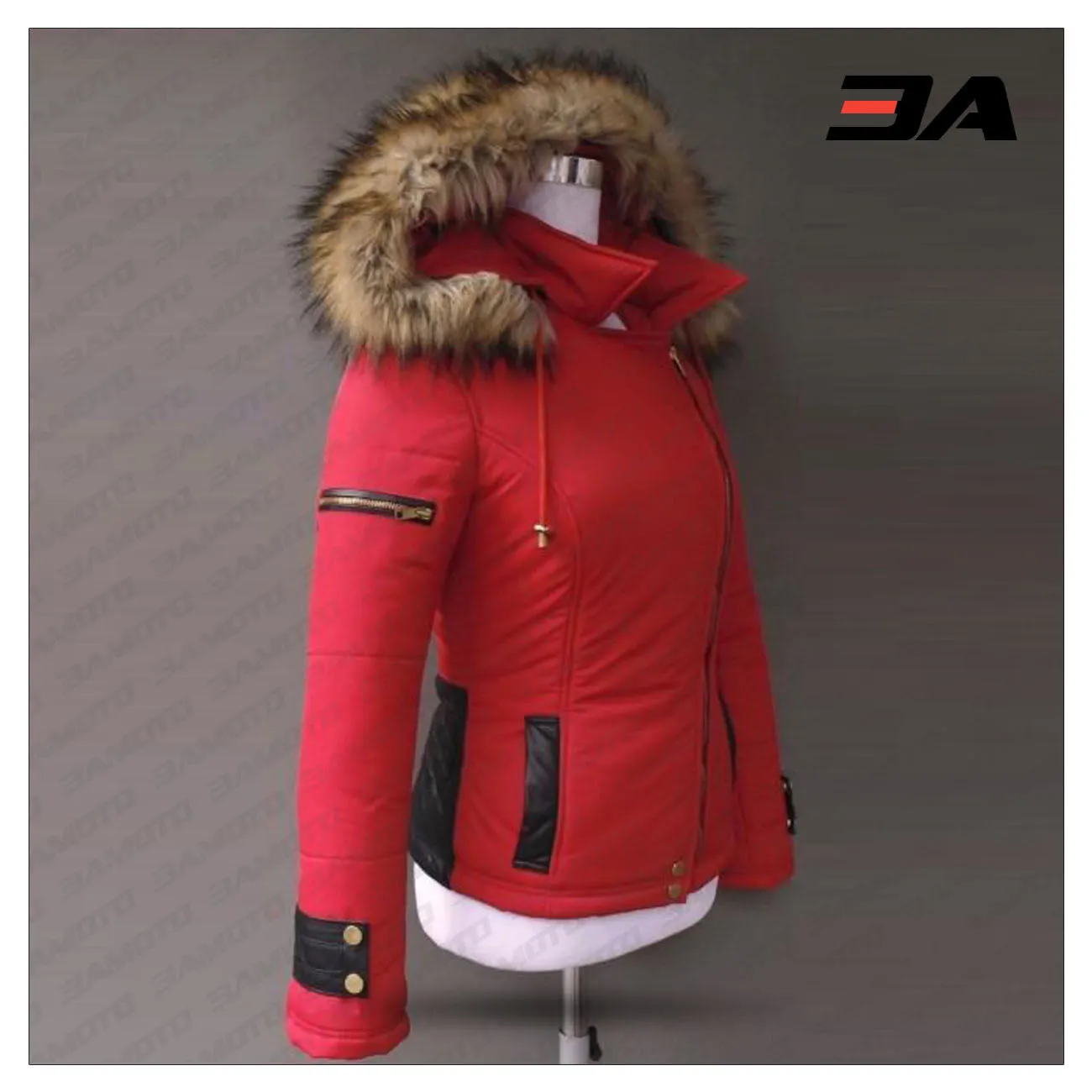 Women's Leather And Fur Down Jacket Red