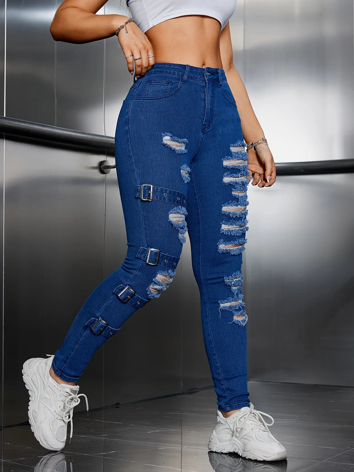 Women's Street Style High-Waist Stretchy Skinny Jeans With Ripped Detailing And Adjustable Buckle, Fashionable Denim Long Pants